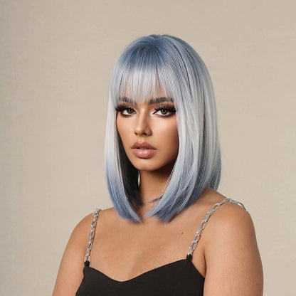 Synthetic Wigs Short Ombre Sky Blue White Wig with Bangs Straight Blunt Bob Cut Hair for Women Halloween Cosplay Heat Resistant