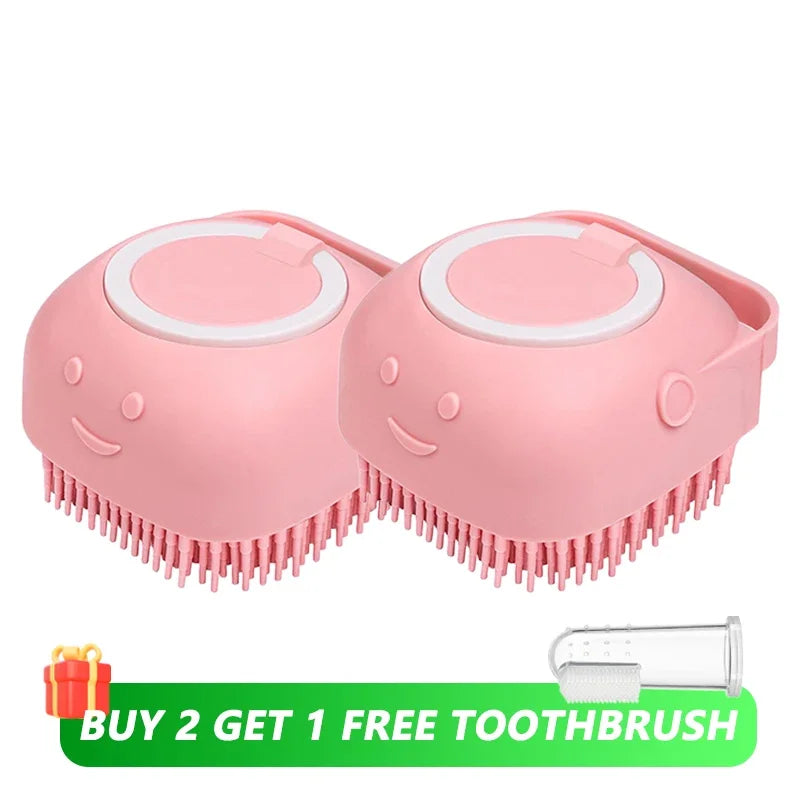 Pet Bath Brush With Soft Silicone Bristles And Dispenser For Dogs And Cats