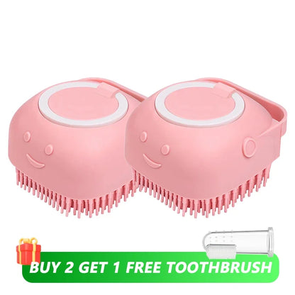 Pet Bath Brush With Soft Silicone Bristles And Dispenser For Dogs And Cats