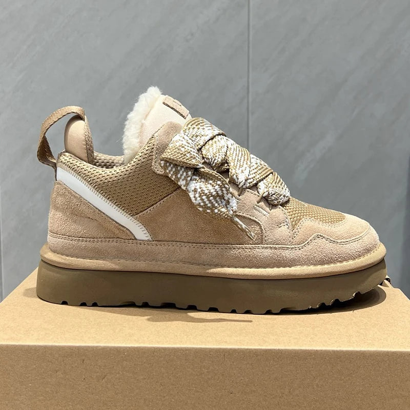 Beige suede platform boots with thick lace-up design and faux fur lining for all-day comfort.