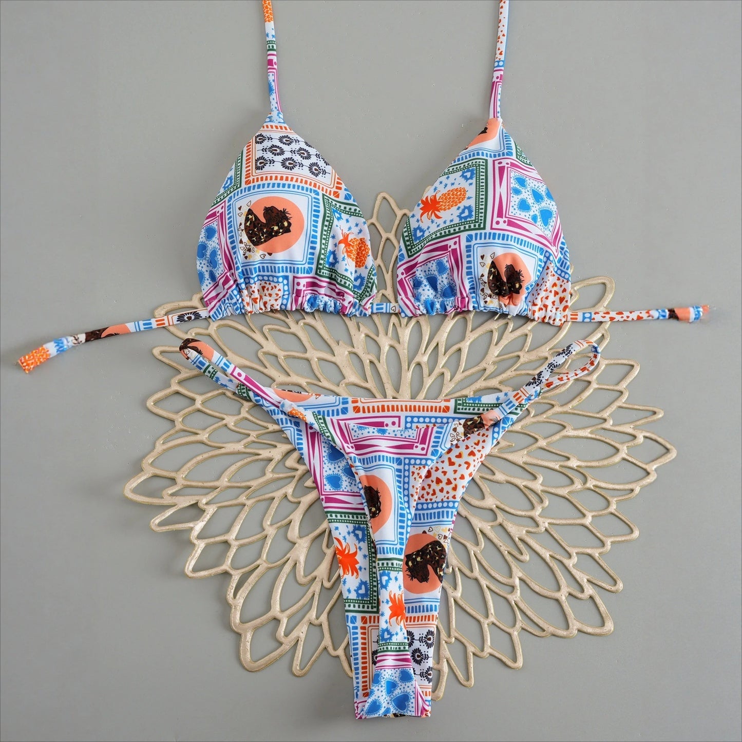 Women's Triangle Lace-Up Bikini Set with Adjustable Straps and Thong Bottom