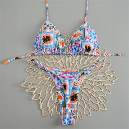Women's Triangle Lace-Up Bikini Set with Adjustable Straps and Thong Bottom