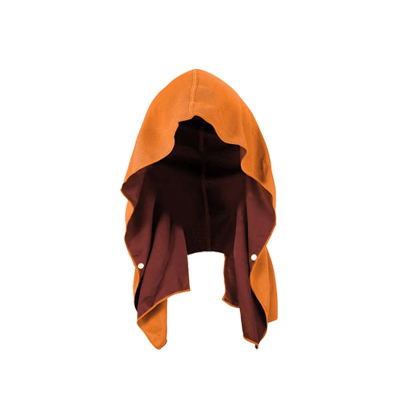 Orange and burgundy breathable mesh cooling hoodie towel for sports and gym use.