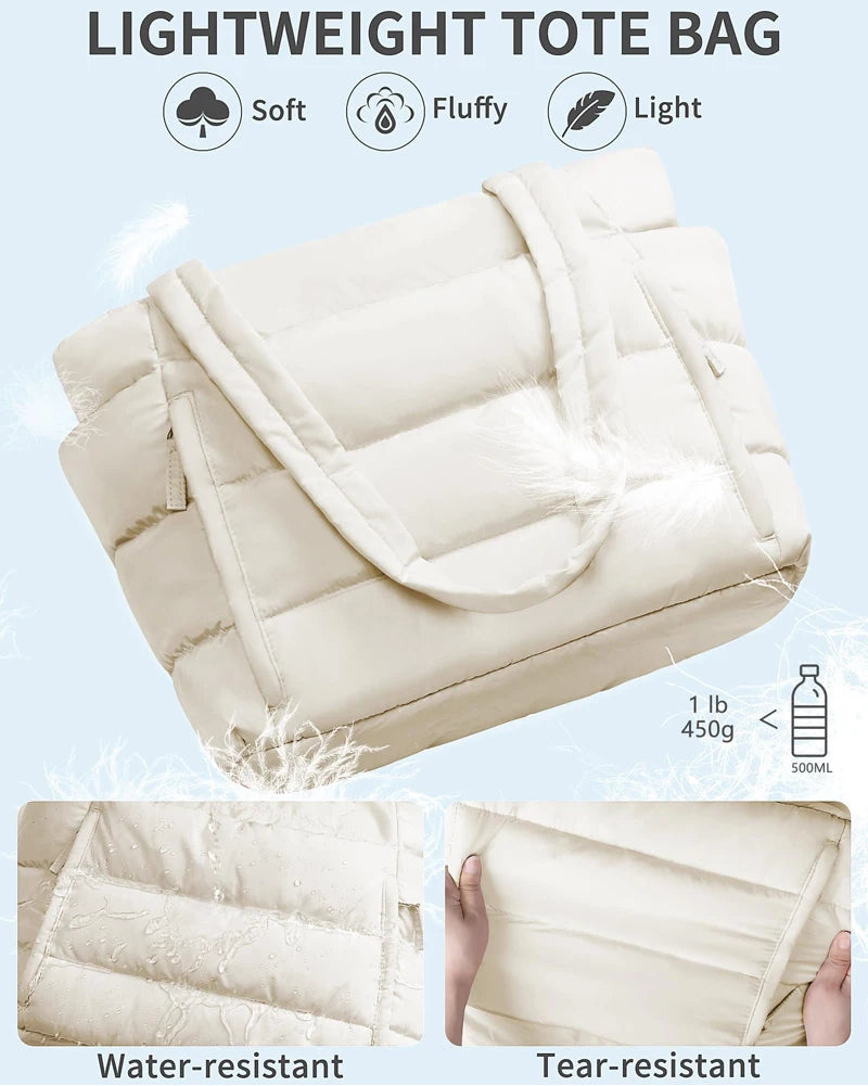 Off-white quilted polyester tote bag with zip closure for travel and work.