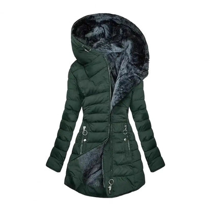 Women's long hooded puffer coat with full zip and pockets
