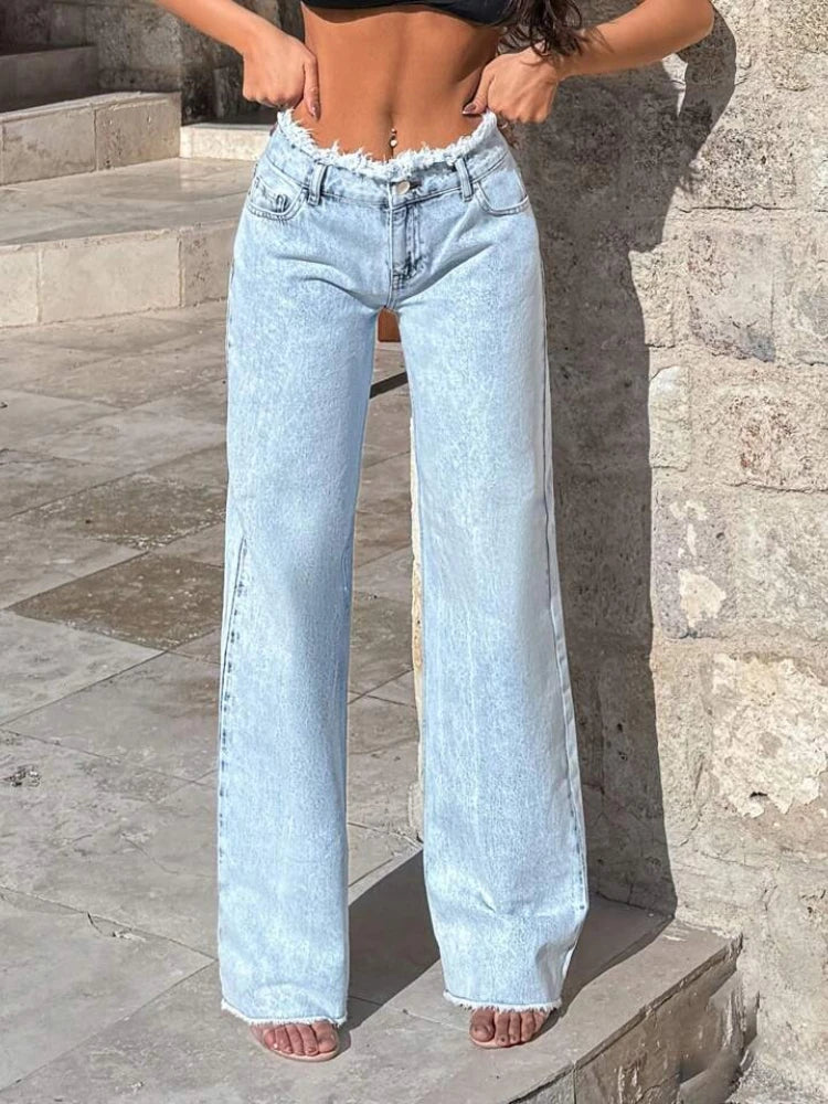 Frayed Jeans Wide Leg High Waist Full Length for Women Everyday Wear