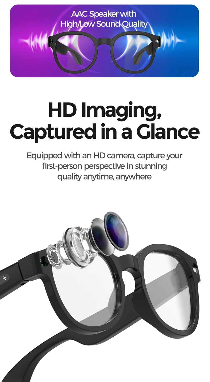 Black lightweight smart wearables with 8MP camera and built-in speakers for hands-free photography and audio translation.