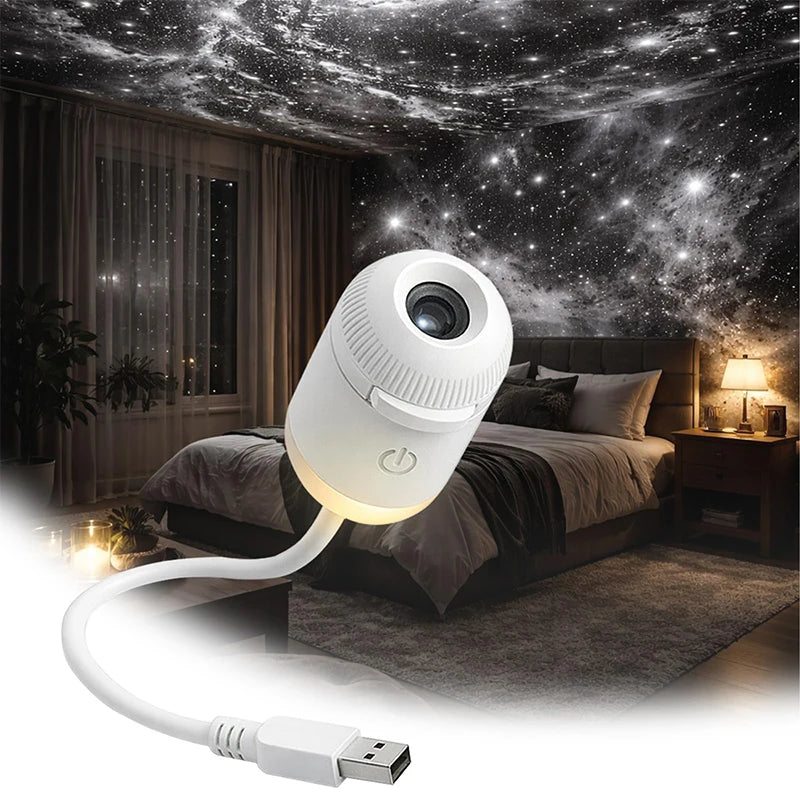 White USB LED ambient projector light with adjustable gooseneck for bedroom galaxy ceiling projections.
