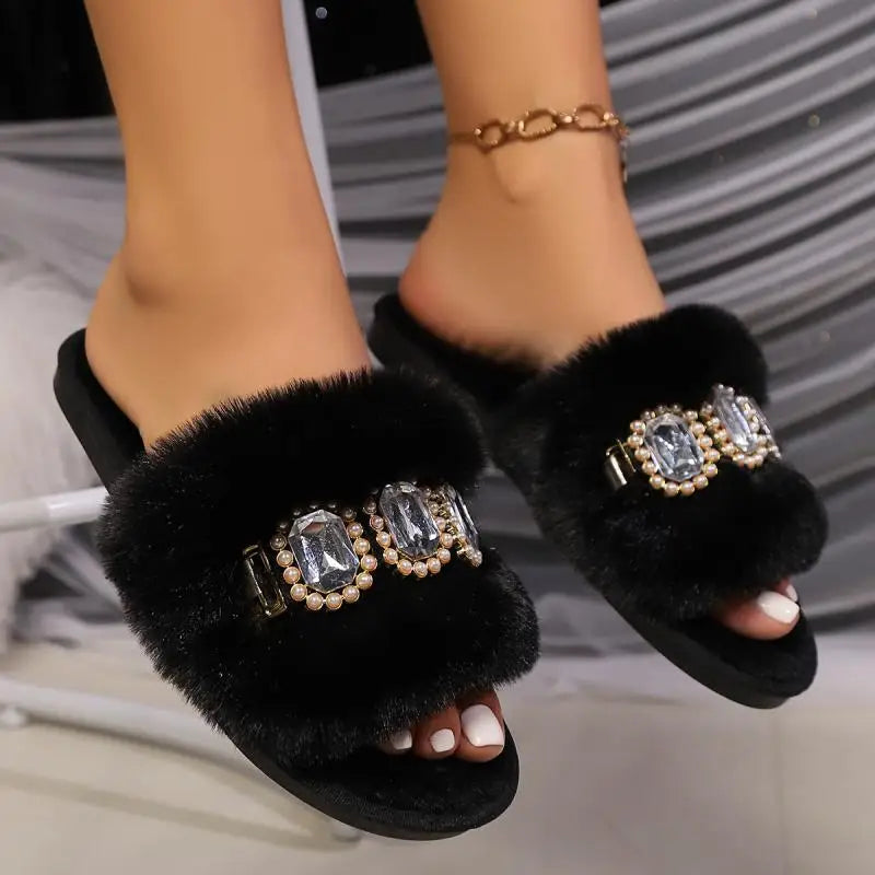 Crystal Slides with Plush Lining and Non Slip Sole for Women