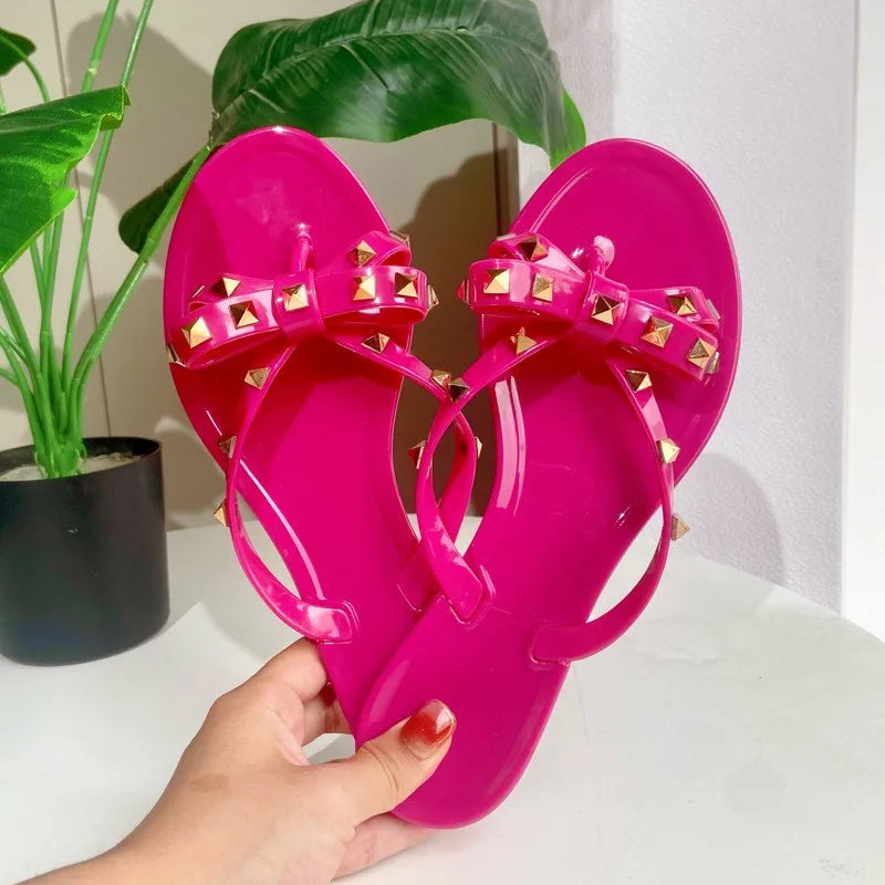 Studded Flat Bot Thong Slippers Holiday Beach Sandals Women's Jelly Slip-On oes Comfortable Casual PVC Footwear