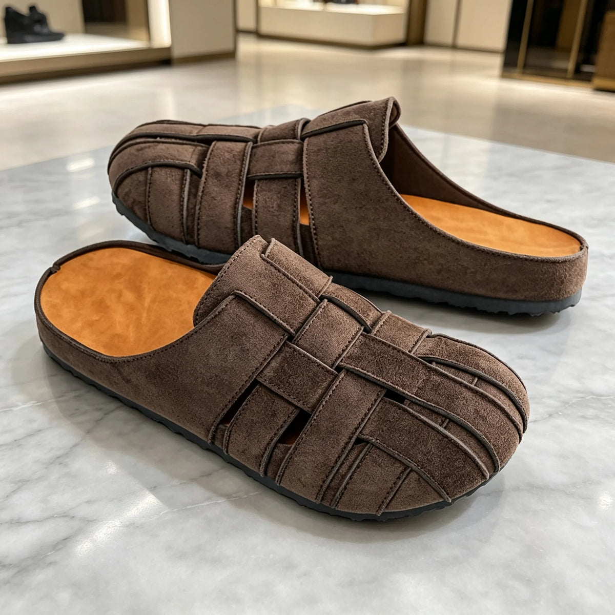 Men's woven closed-toe mule slippers with padded insole