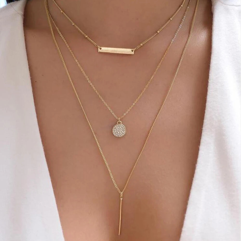 Necklace layered crystal pendant necklace set with rhinestones and metal bars