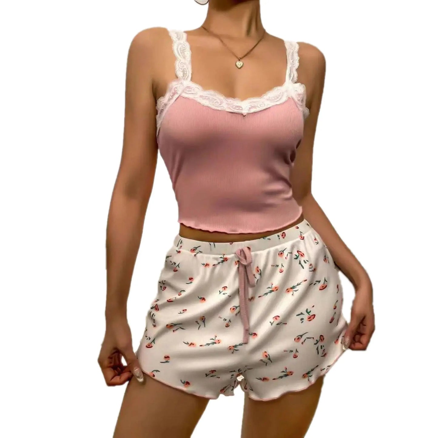 Delicate Pajama Set with V Neck Camisole Top and Printed Shorts