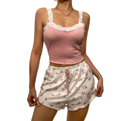 Delicate Pajama Set with V Neck Camisole Top and Printed Shorts