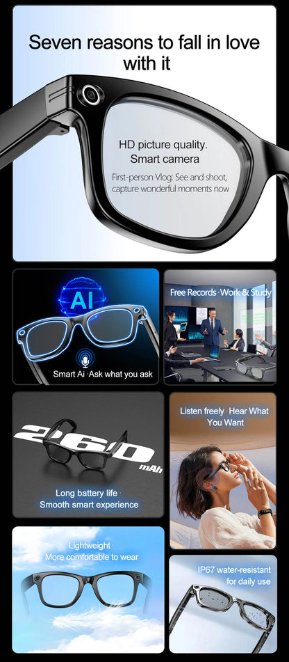 Smart Glasses  Recording Videos AI Photo Recognition Answer Translation 260mAh Large Battery IP65 Waterproof Bluetooth Glasses