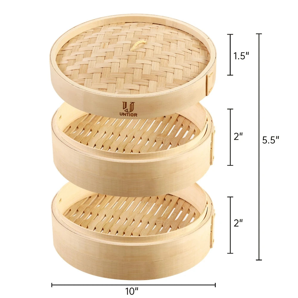 Two-tier natural bamboo dumpling steamer with lid, showing woven base and dimension markers.