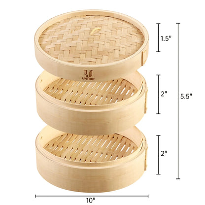 Two-tier natural bamboo dumpling steamer with lid, showing woven base and dimension markers.