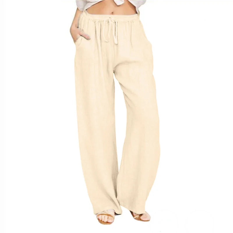 Women's wide-leg cotton-linen pants with drawstring waist