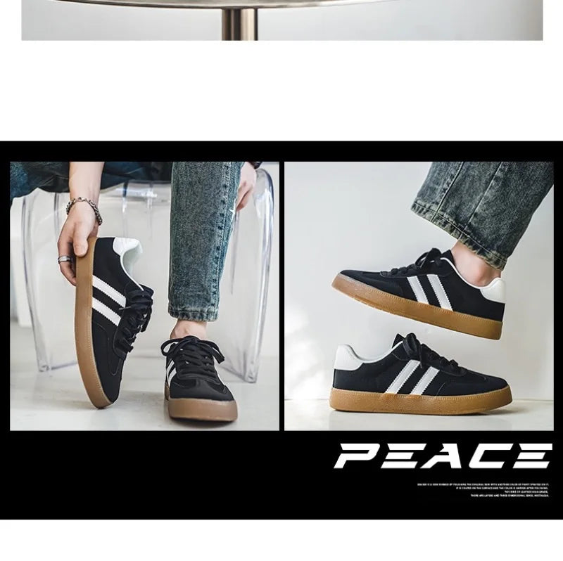 Black canvas sneakers with white stripes and gum soles, featuring a breathable design for casual training wear.
