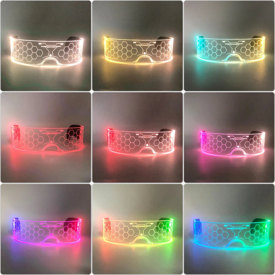 LED festival glasses featuring illuminated honeycomb patterns and crystal bead details