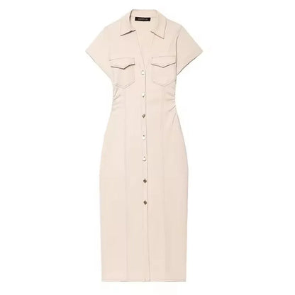 Denim Midi Dress - Women's Ruched Short Sleeve Casual Streetwear Dress