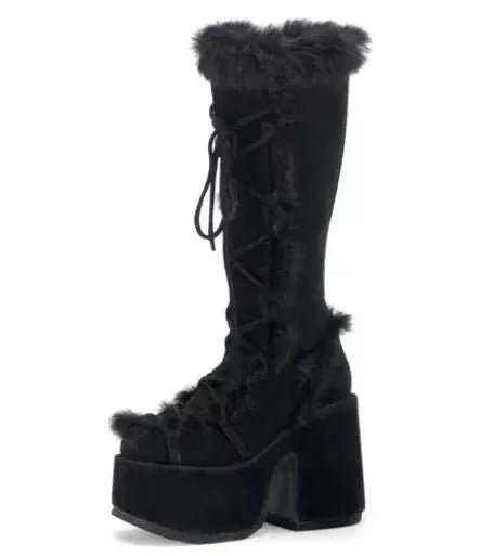 Black faux fur mid-calf boot with a lace-up front, platform sole, and high block heel.