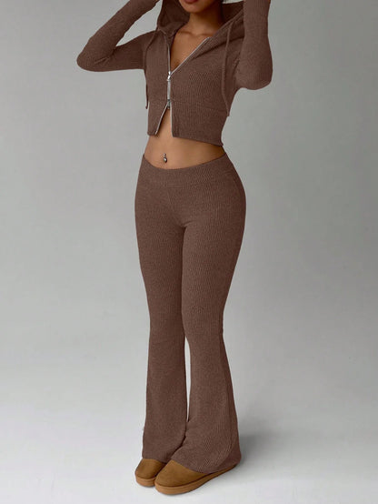 Cozy Women's Loungewear Set Zip-Up Hooded Top with Drawstring and Flared-Leg Trousers–Casual Fashionable Homewear