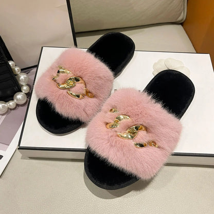 Plush Slippers for Women with Chain Detail and Cushioned Sole