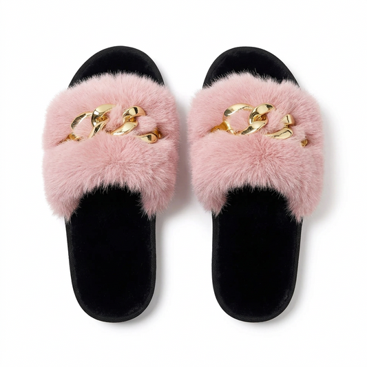 Mule slippers plush fuzzy slides with metal chain hardware decoration