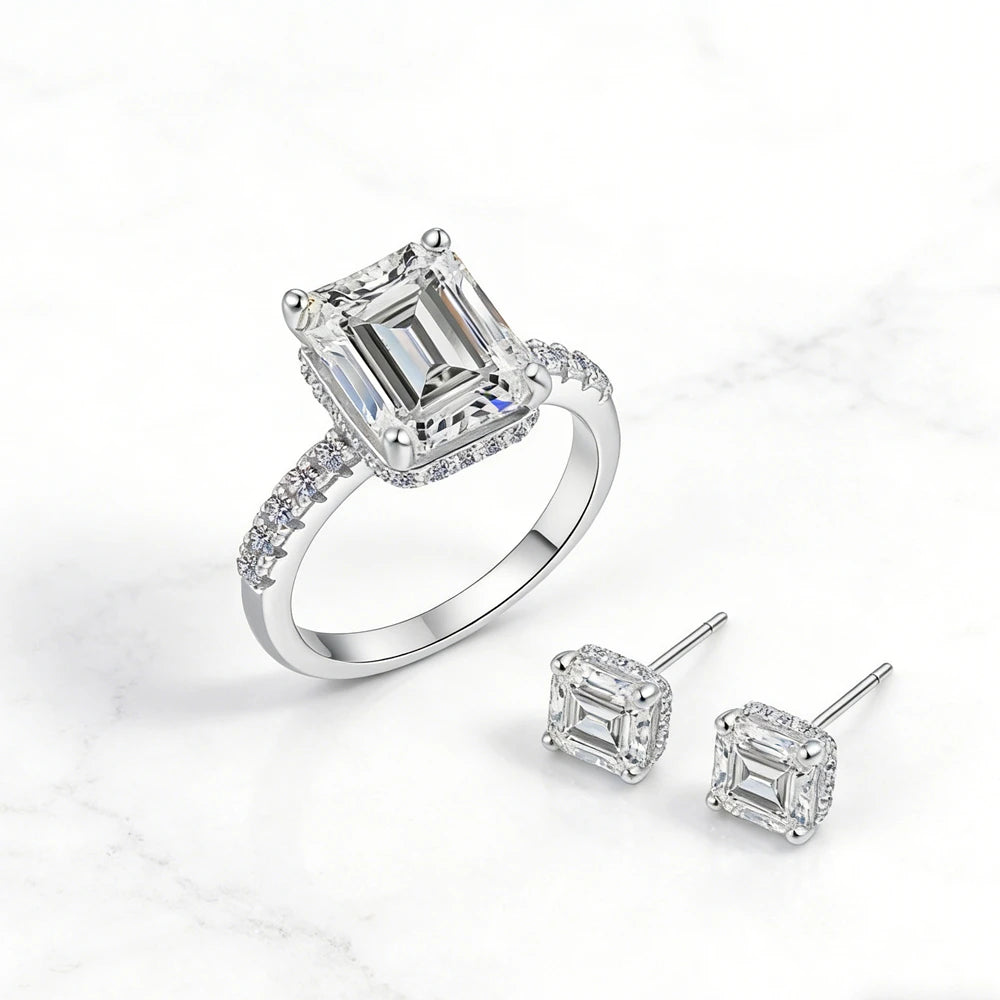 Radiant Ring Moissanite with Emerald Cut in Sterling Silver