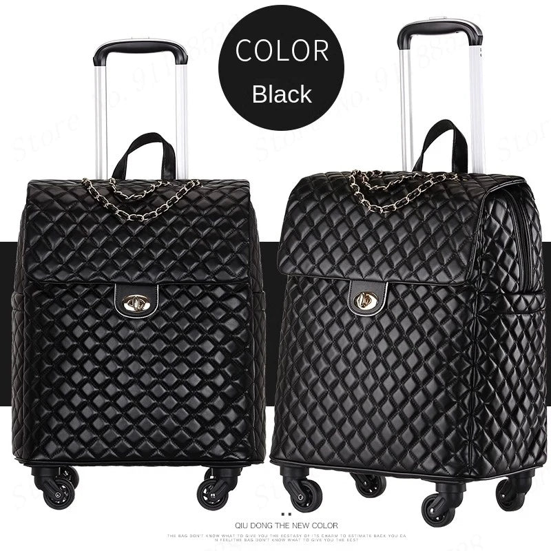 Black quilted PU leather retro rolling suitcase with a front flap, chain detail, gold lock, and retractable handle.
