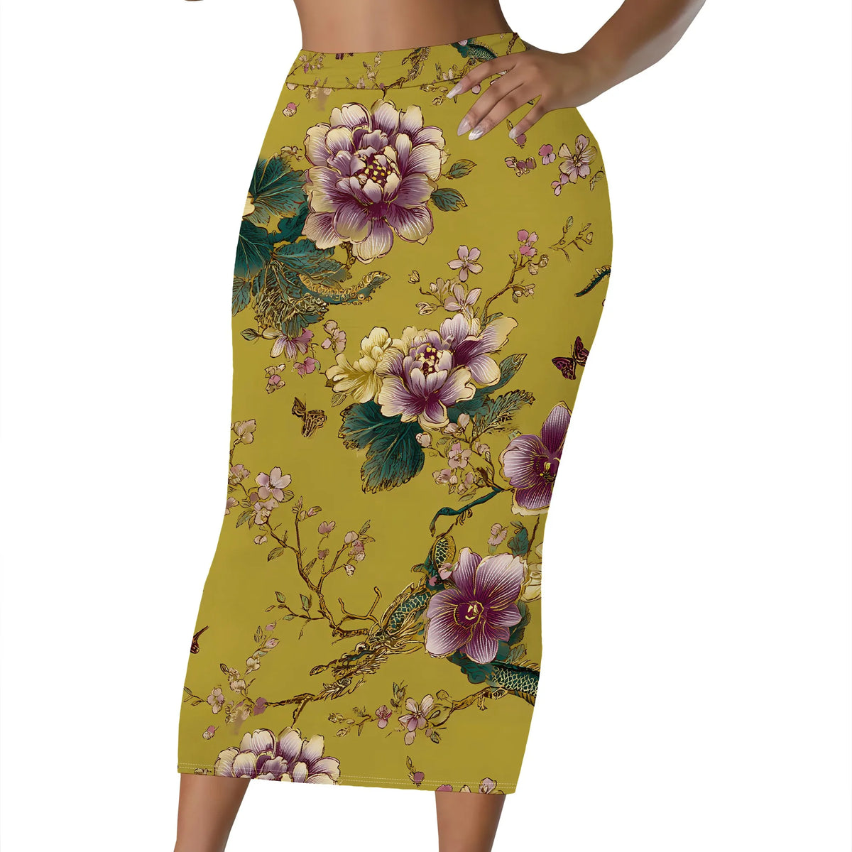 Women's floral print midi skirt with an elastic waist