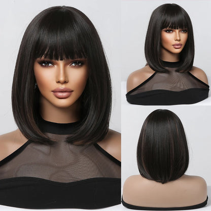 Synthetic Wigs Short Ombre Sky Blue White Wig with Bangs Straight Blunt Bob Cut Hair for Women Halloween Cosplay Heat Resistant