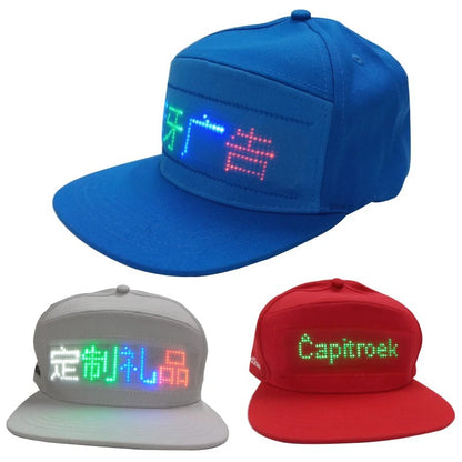 LED message display baseball cap with customizable text