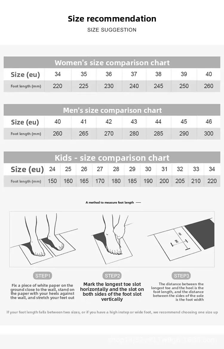 Grey size comparison charts for non-slip rubber mules sandals, with step-by-step instructions for measuring foot length.