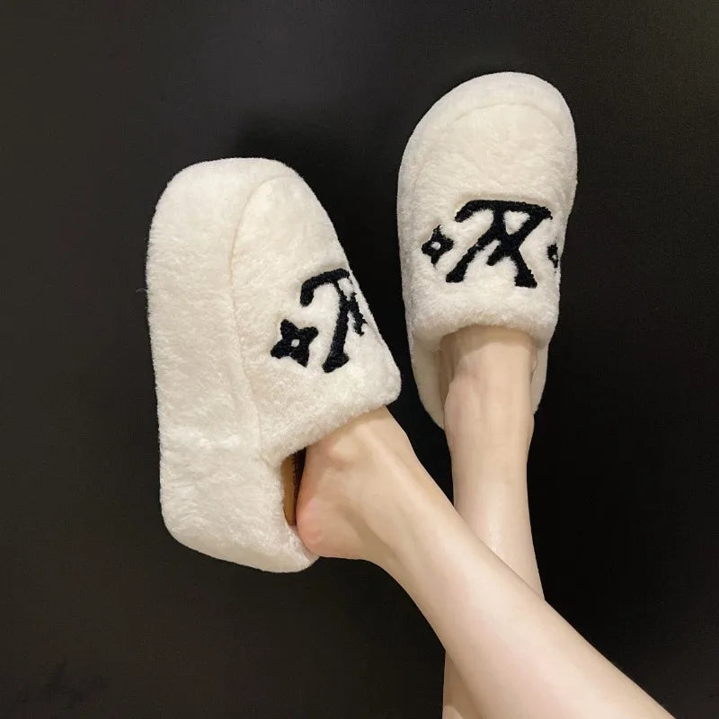 Warm Slippers for Women Indoor Non Slip Plush Traction Rubber Sole With Wedge Heel