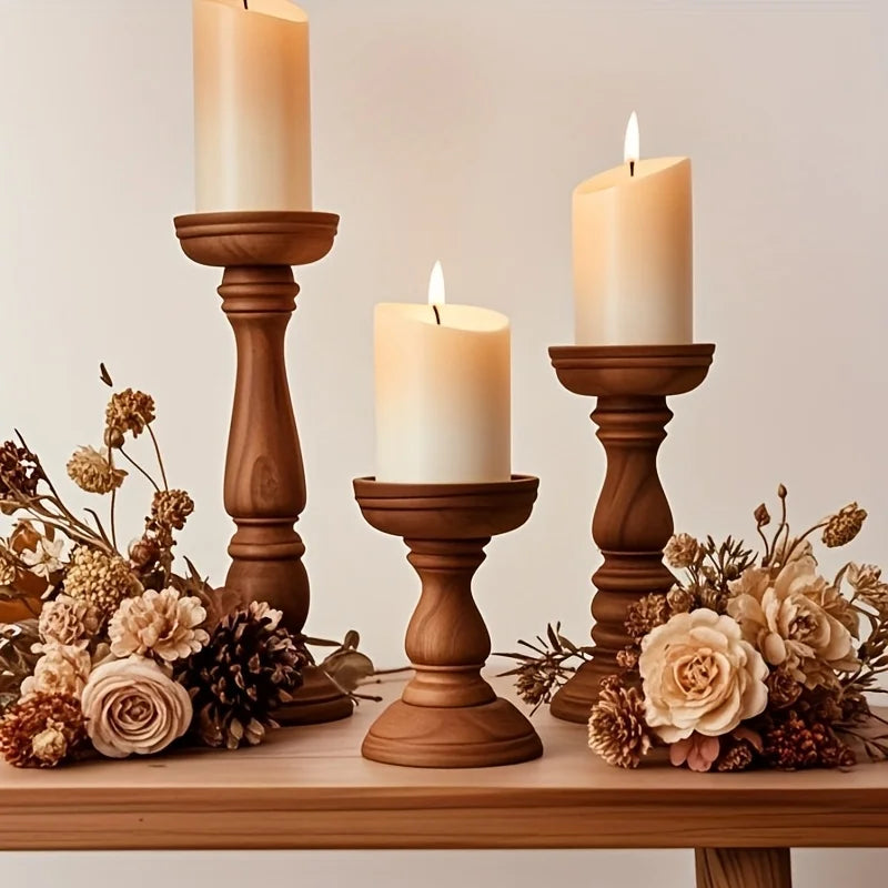 Home decor wooden pillar candle holders trio for table centerpiece