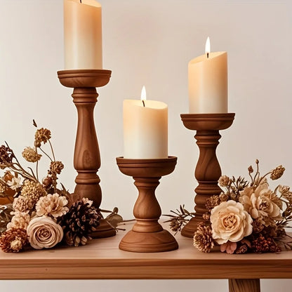 Home decor wooden pillar candle holders trio for table centerpiece