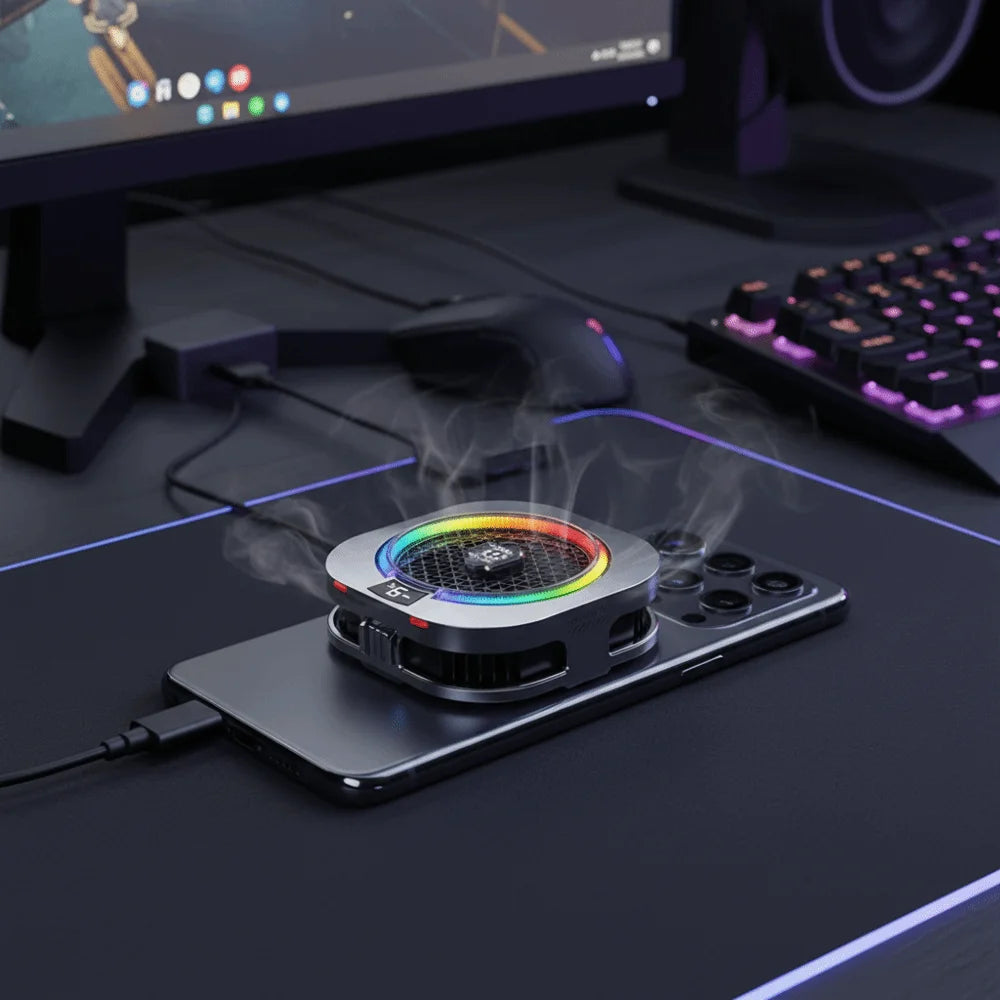 Grey mobile phone cooler with LED ring and temperature display, portable tech gadget for cooling smartphones while gaming.