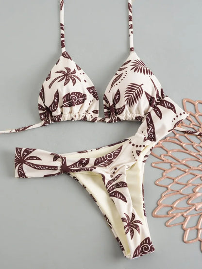 Women's Triangle Lace-Up Bikini Set with Adjustable Straps and Thong Bottom