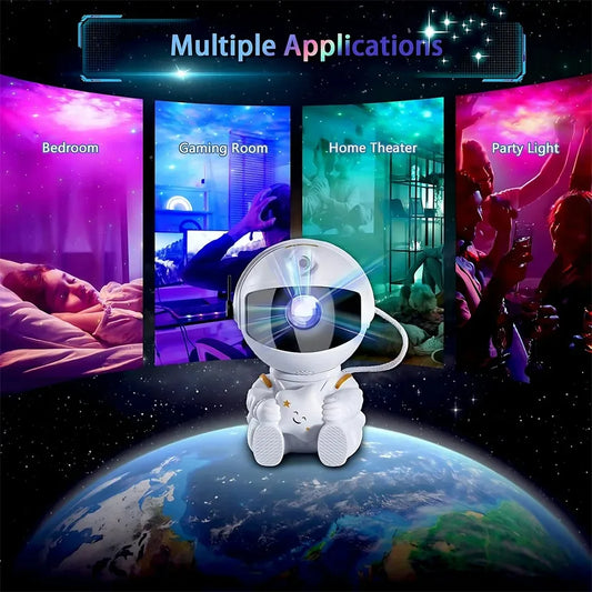 White astronaut-shaped LED star projector lamp for relaxing bedroom or gaming room lighting.