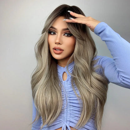Brown Blonde Ombre Natural Hair Wigs for Women Long Wavy With Dark Roots Synthetic Wig for Women Heat Resistant Coaplay Wigs