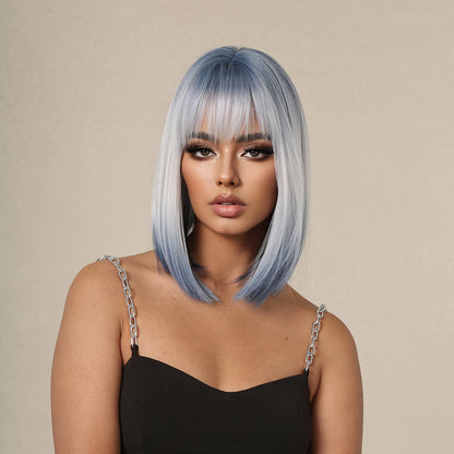 Synthetic Wigs Short Ombre Sky Blue White Wig with Bangs Straight Blunt Bob Cut Hair for Women Halloween Cosplay Heat Resistant