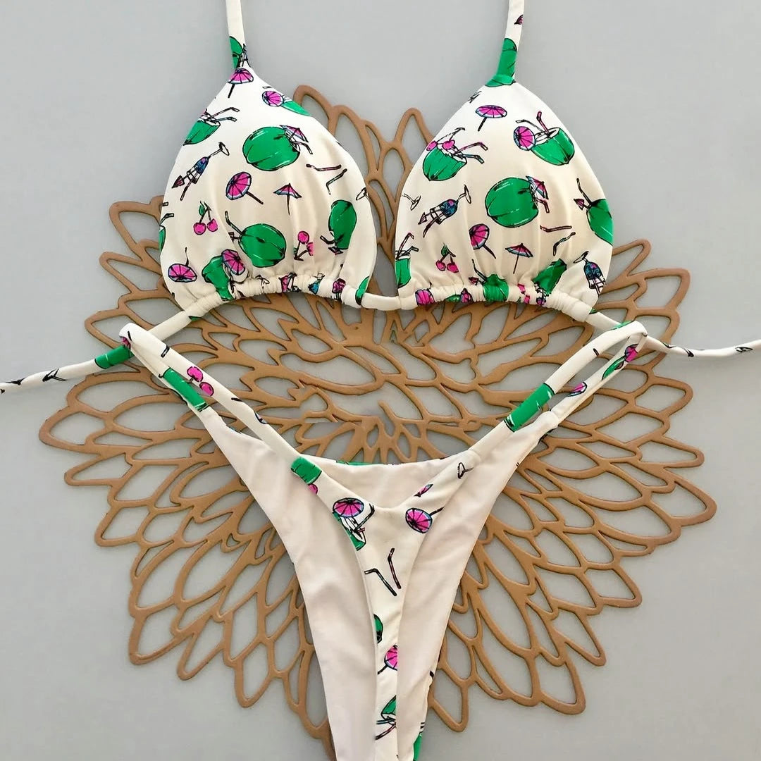 Women's Triangle Lace-Up Bikini Set with Adjustable Straps and Thong Bottom