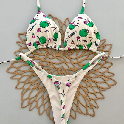 Women's Triangle Lace-Up Bikini Set with Adjustable Straps and Thong Bottom