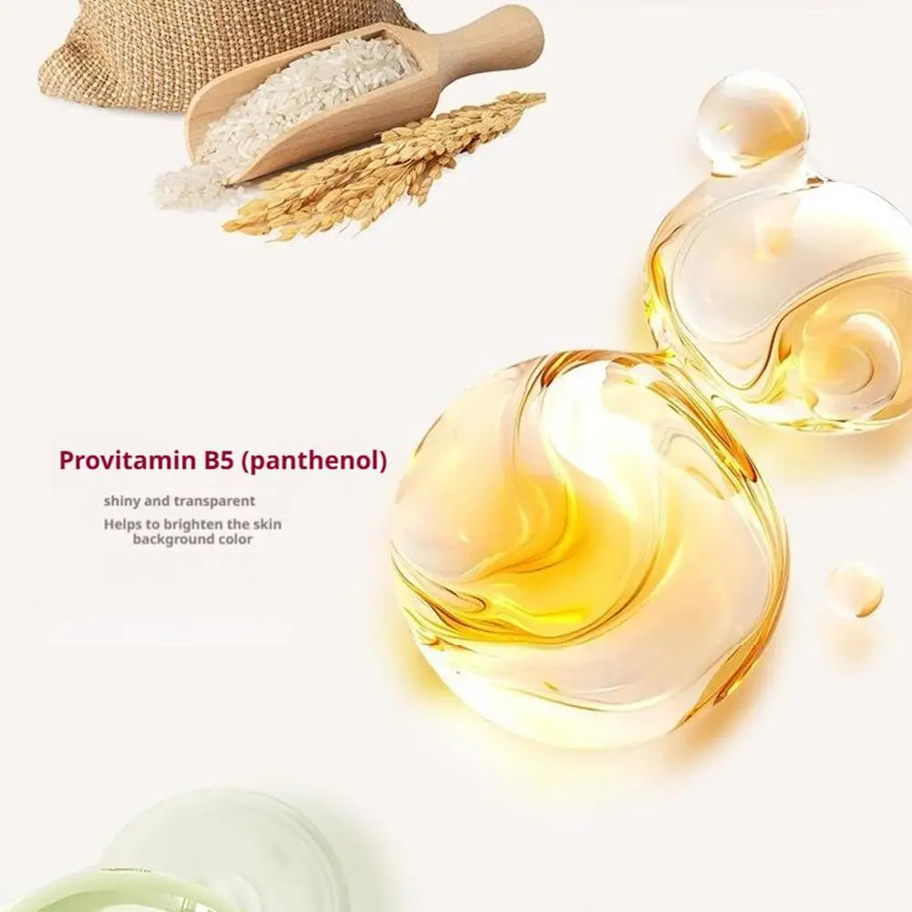 SPF50+ Rice Extract Moisturizing Cream with grains of rice, wooden scoop, and amber liquid droplets.
