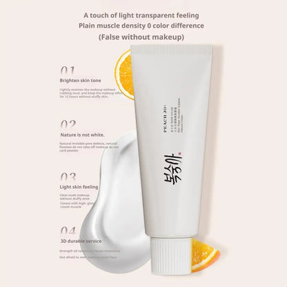 White 50g squeeze tube of SPF50+ Rice Extract Moisturizing Cream with black text, next to white cream and orange slices.
