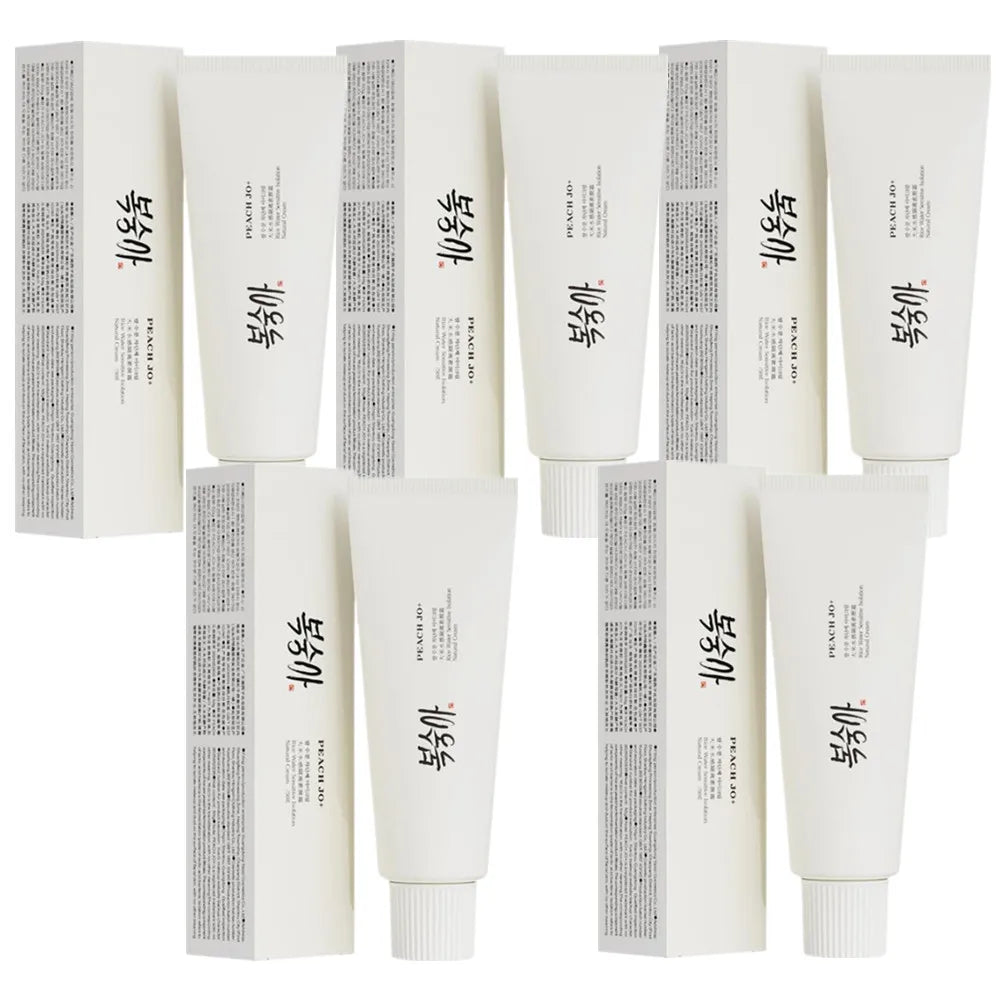 Four white 50g SPF50+ Rice Extract Moisturizing Cream tubes with matching boxes, featuring black Korean text.