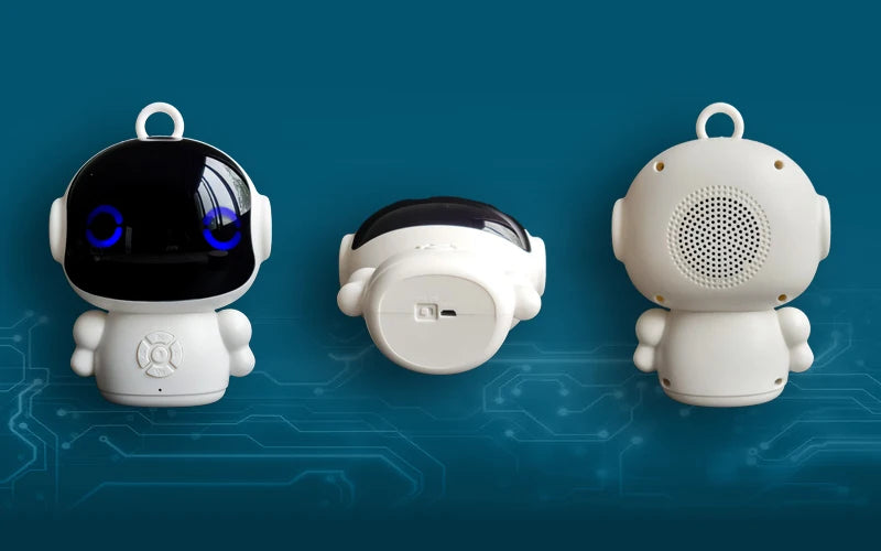 White plastic interactive robot toy with blue LED eyes, speaker, and voice settings for kids' educational play.
