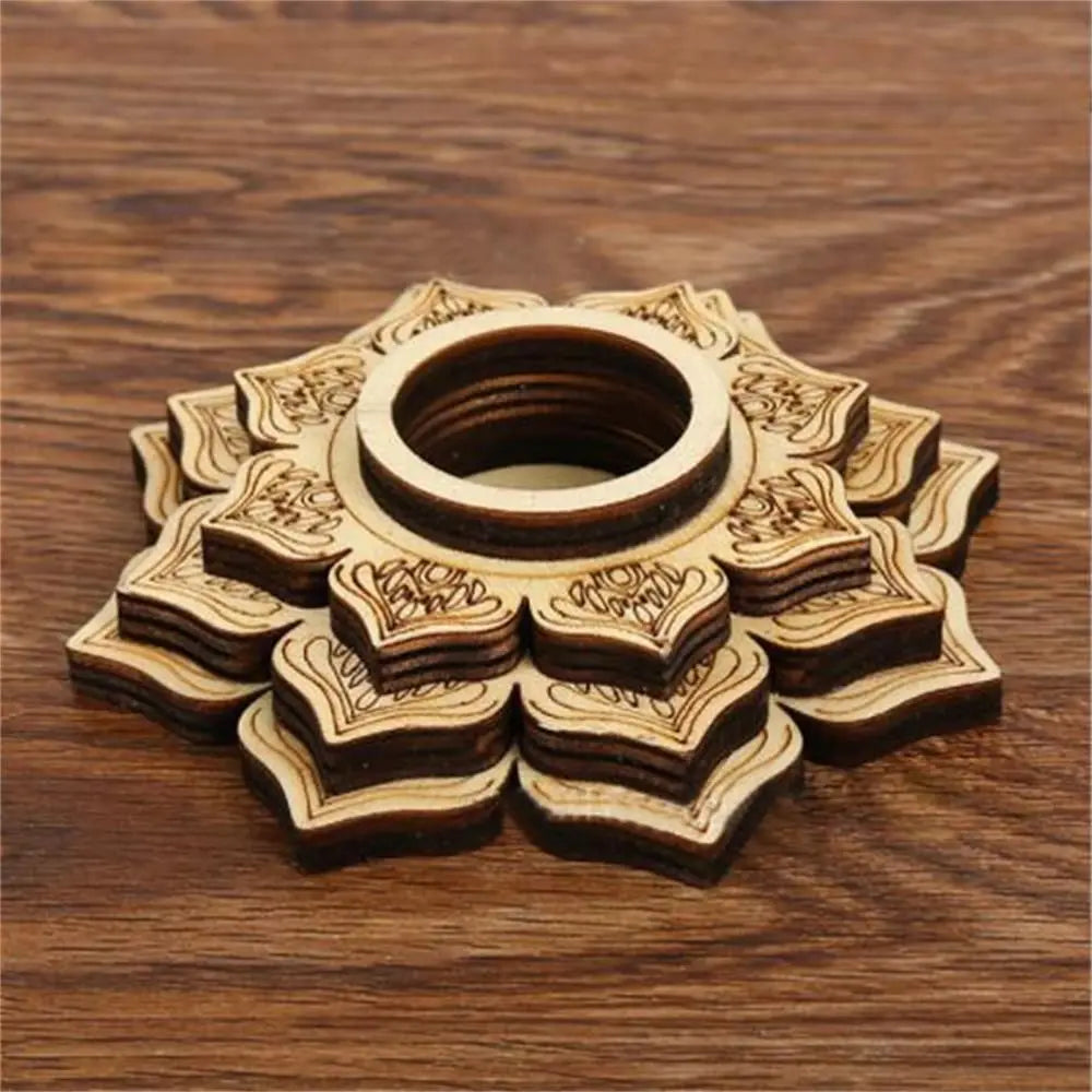 Layered light brown wooden crystal ball stand with an engraved lotus petal design and a central circular holder.